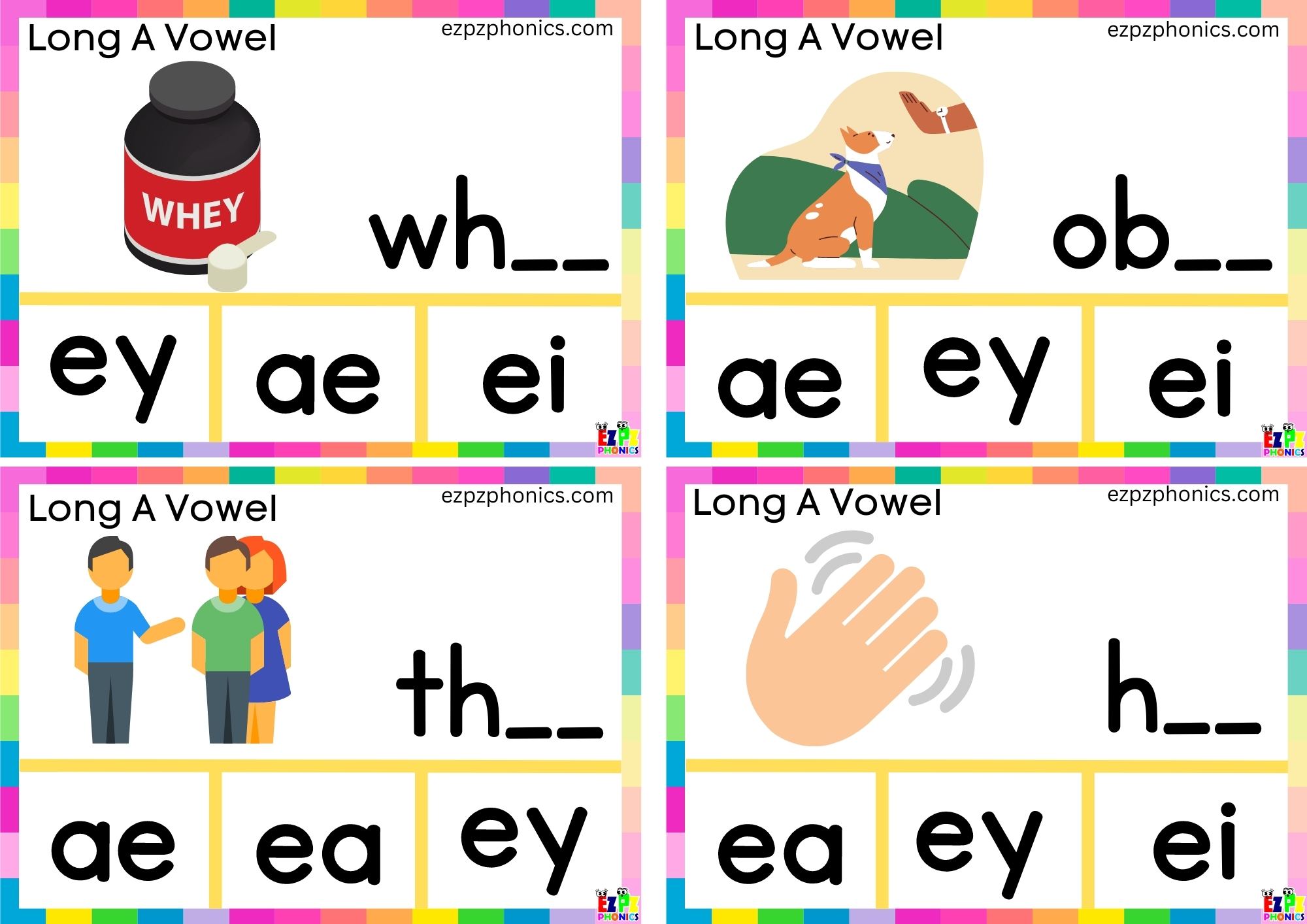 Finish the word and clip the correct letters Clip cards for long a vowel ey words